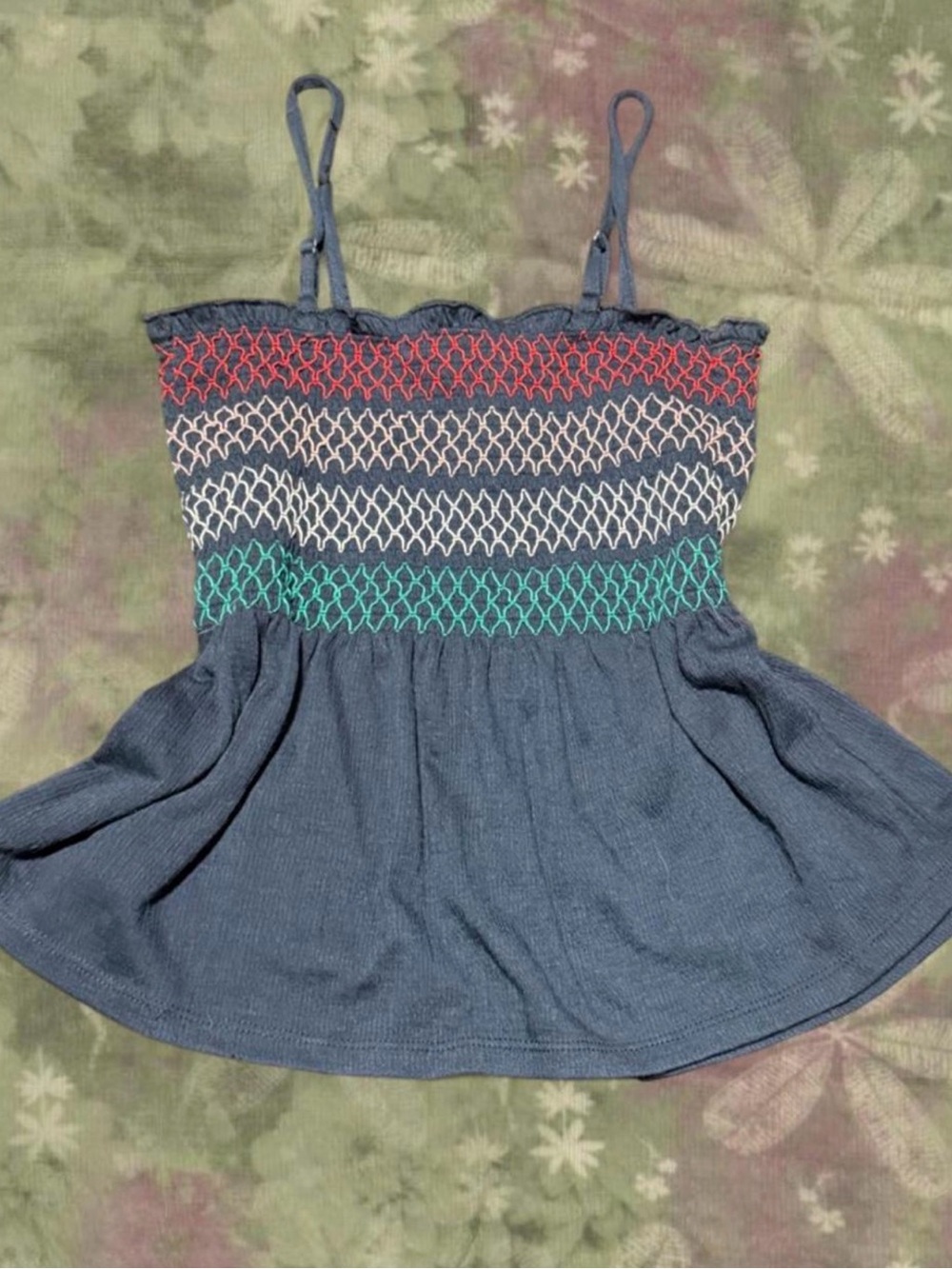 Smocked Knit Spaghetti Strap Tank Top - Blue with Multicolor Accents